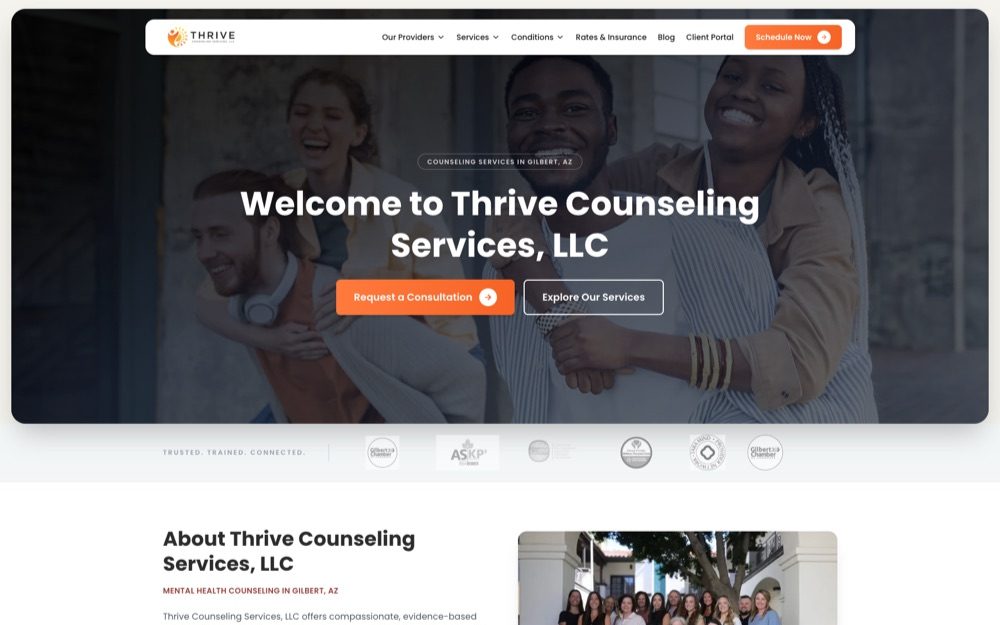 The redesigned Thrive Counseling AZ website built on TheraSaaS